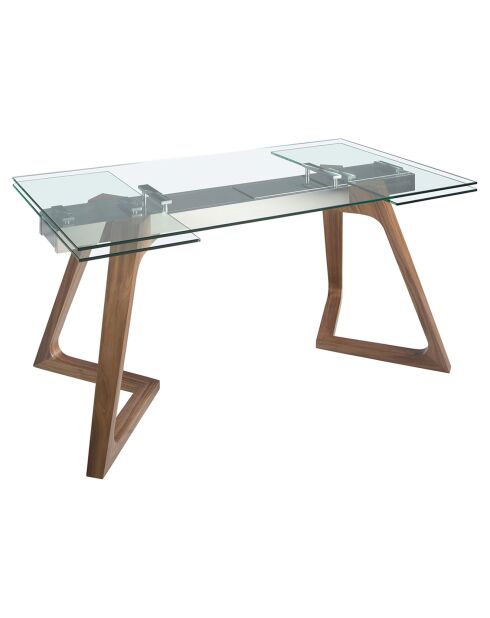 Uitschuifbare eettafel met gehard glazen blad glas/walnoot - 160x90x75 cm