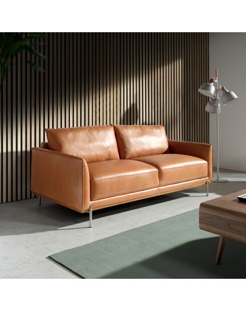 Canapé 3 places revêtu de cuir brun buffle/hêtre - 210x88x83 cm