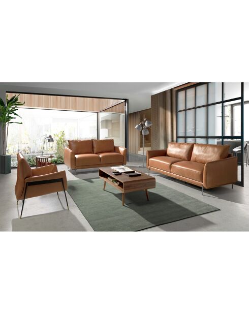 3-Sitzer-Sofa mit Bezug aus büffelbraunem Leder und Buchenholz - 210x88x83 cm