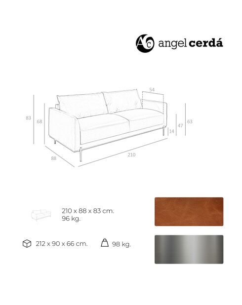 3-Sitzer-Sofa mit Bezug aus büffelbraunem Leder und Buchenholz - 210x88x83 cm