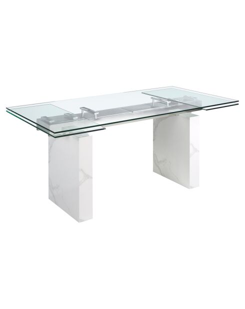 Table à manger extensible avec plateau en verre trempé verre/marbre blanc - 180x90x77 cm