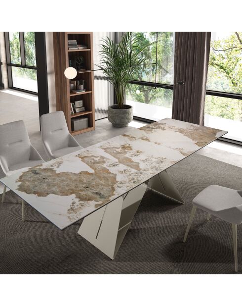 Table à manger à rallonge avec plateau en marbre de porcelaine blanc/doré - 180x90x76 cm