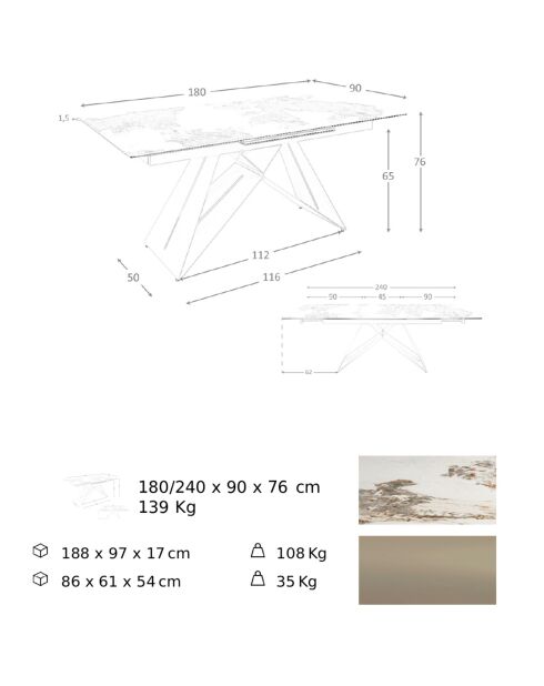 Table à manger à rallonge avec plateau en marbre de porcelaine blanc/doré - 180x90x76 cm