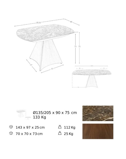Table à manger à rallonge plateau en marbre de porcelaine marron/noir - 135x90x75 cm