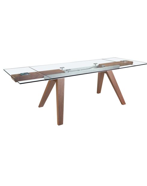 Mesa de comedor extensible con tapa de cristal templado cristal/nogal - 180x100x76 cm