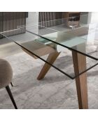 Mesa de comedor extensible con tapa de cristal templado cristal/nogal - 180x100x76 cm