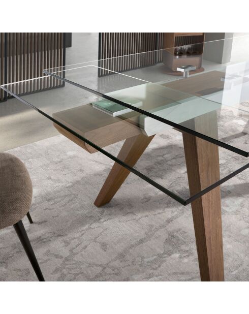 Mesa de comedor extensible con tapa de cristal templado cristal/nogal - 180x100x76 cm