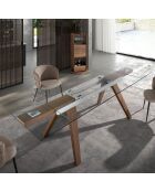 Mesa de comedor extensible con tapa de cristal templado cristal/nogal - 180x100x76 cm