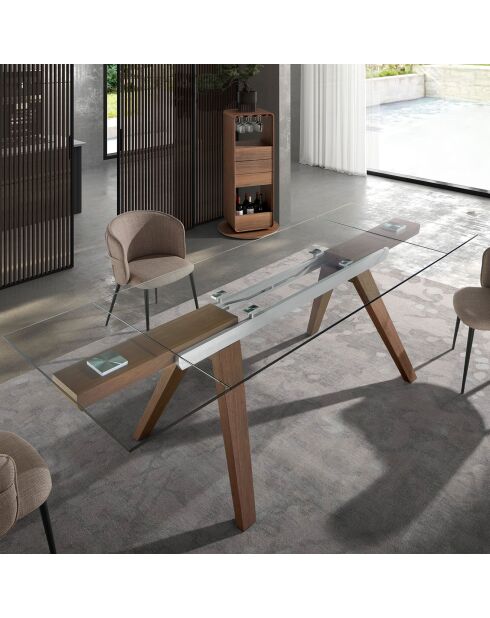 Mesa de comedor extensible con tapa de cristal templado cristal/nogal - 180x100x76 cm