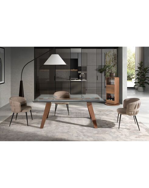 Mesa de comedor extensible con tapa de cristal templado cristal/nogal - 180x100x76 cm