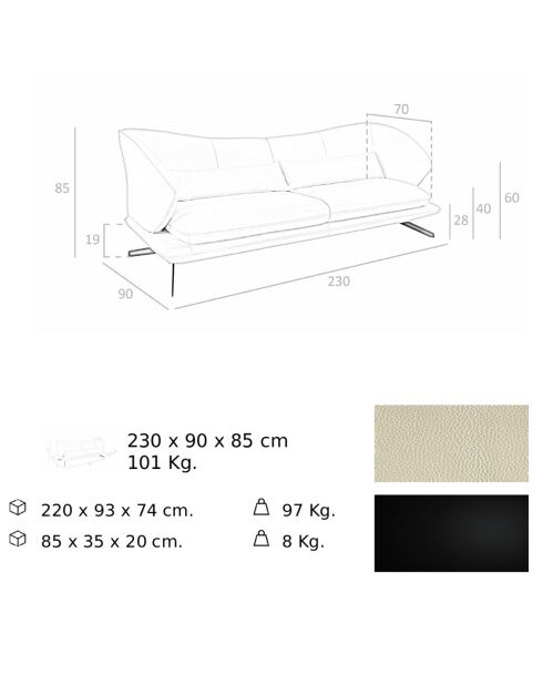 Canapé 3 places en cuir gris taupe/noir mat - 230x90x85 cm