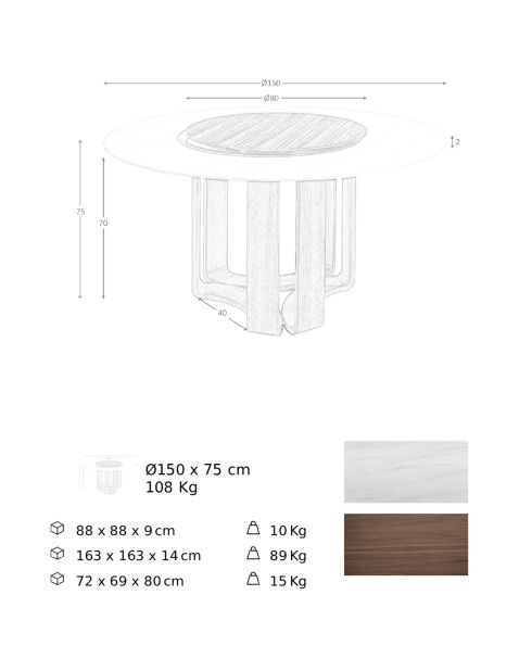 Table à manger avec plateau en marbre porcelaine marbre blanc/noyer - 150x150x75 cm