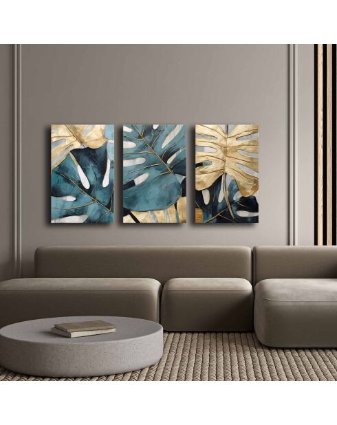 3 peintures décoratives sur toile Feuilles bleu - 45x70 cm