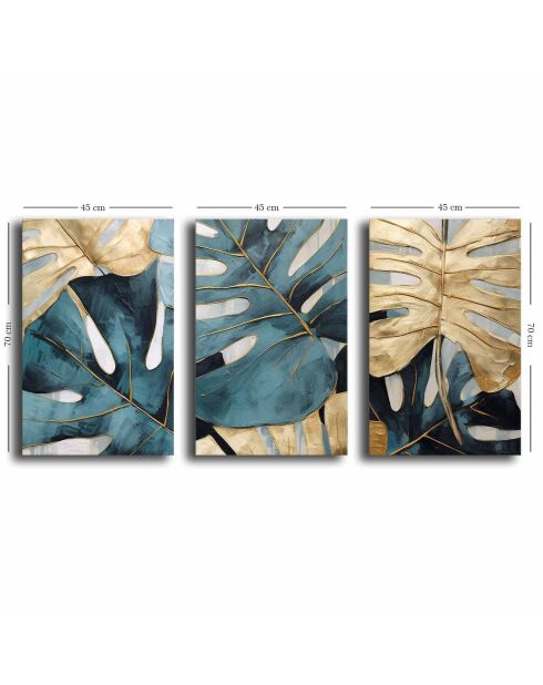 3 peintures décoratives sur toile Feuilles bleu - 45x70 cm
