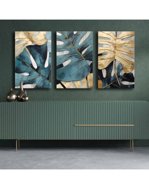 3 peintures décoratives sur toile Feuilles bleu - 45x70 cm