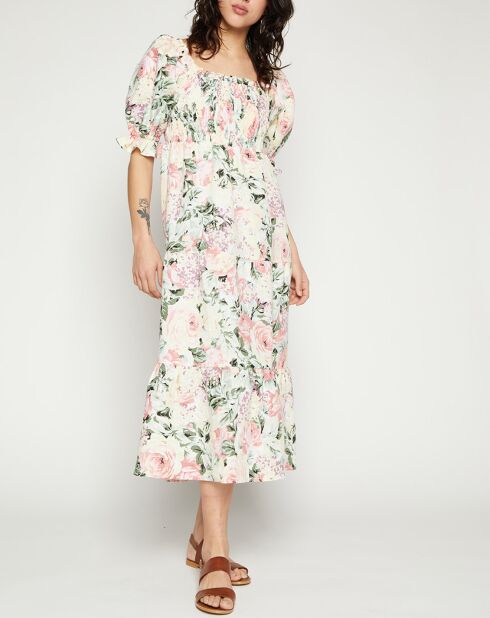 Robe midi 100% Lin De Christin imprimée fleurs blanc/multicolore