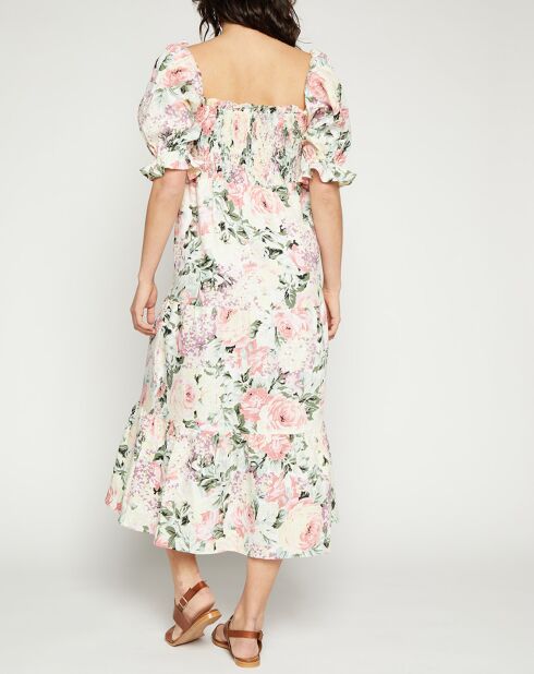 Robe midi 100% Lin De Christin imprimée fleurs blanc/multicolore