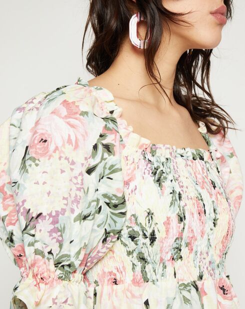 Robe midi 100% Lin De Christin imprimée fleurs blanc/multicolore