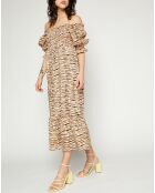 Robe midi 100% Lin De Christin imprimé animal beige/marron