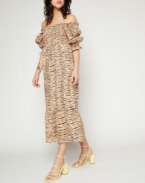 Robe midi 100% Lin De Christin imprimé animal beige/marron