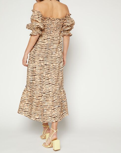 Robe midi 100% Lin De Christin imprimé animal beige/marron