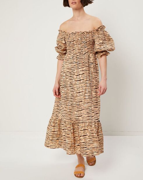 Robe midi 100% Lin De Christin imprimé animal beige/marron