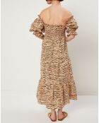 Robe midi 100% Lin De Christin imprimé animal beige/marron