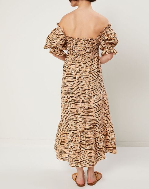 Robe midi 100% Lin De Christin imprimé animal beige/marron