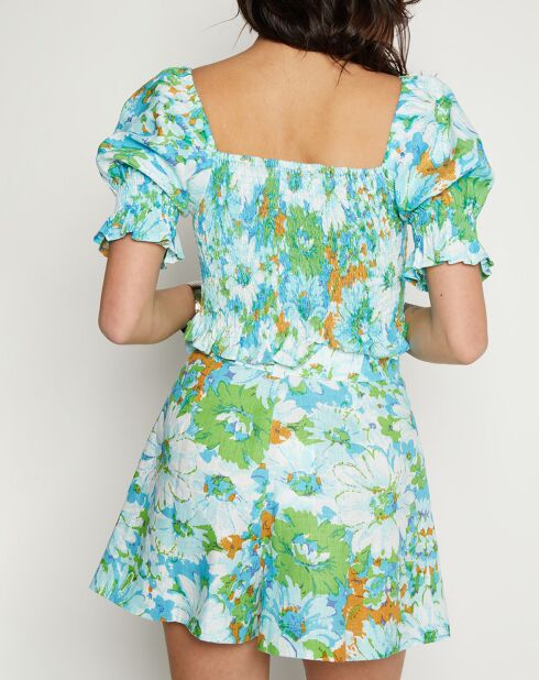 Lenora top van 100% linnen met blauw/groene bloemenprint