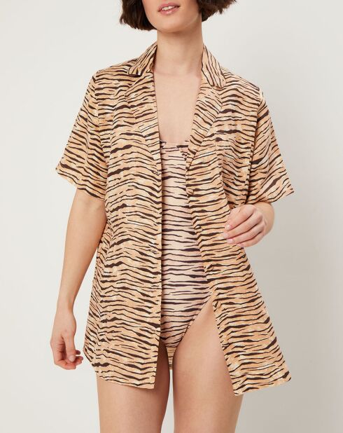 Großes Hemd Charlita aus 100% Leinen mit Tierdruck beige/braun