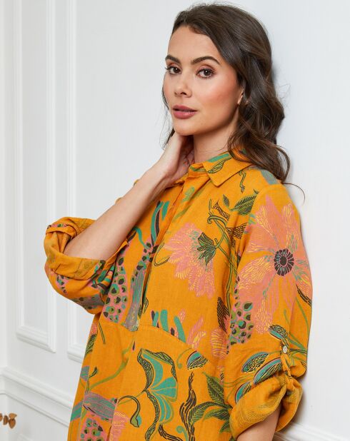 Mosterdkleurige Batifola jurk van 100% linnen