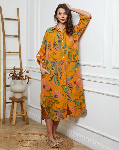 Mosterdkleurige Batifola jurk van 100% linnen