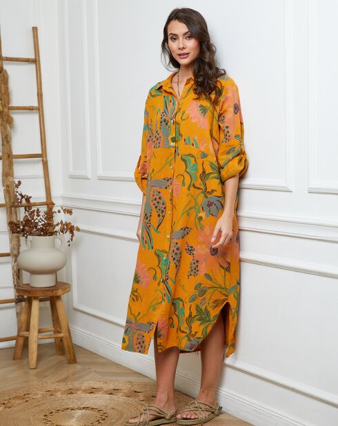 Mosterdkleurige Batifola jurk van 100% linnen