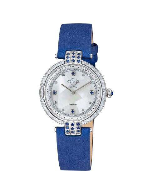 Matera kwartshorloge voor dames in suedeleer en diamant 0,04 kt blauw