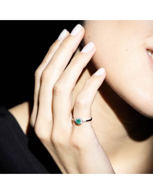 Bague Rond d'Émeraude Diamant 0.09 ct & Émeraude 0.25 ct or blanc