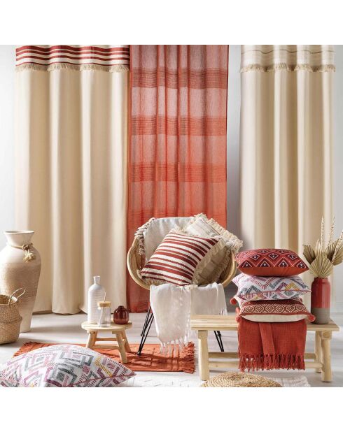 2 Rideaux à Oeillets Atlas Finition Top Tissé et Franges naturel - 140x240 cm