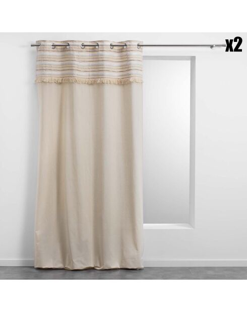 2 Rideaux à Oeillets Atlas Finition Top Tissé et Franges naturel - 140x240 cm