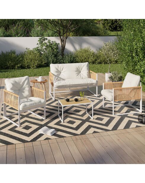 Salon de jardin Ozéa 4 places en métal blanc/rotin clair