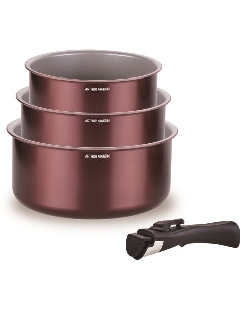 3 casseroles + 1 poignée Amovible induction prune