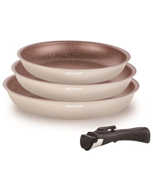 3 poêles + 1 poignée Amovible induction crème