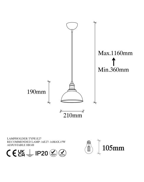 Lustre Varzan noir antique - D.21x36-116 cm