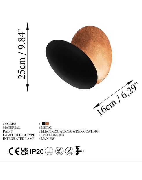 Applique Yosma cuivre/noir - 25x25x16 cm