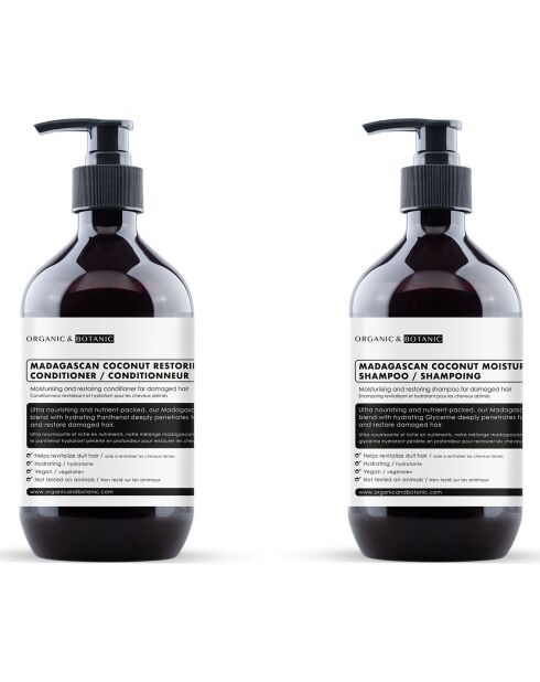 Shampooing + Après-Shampooing hydratants à la Noix de Coco de Madagascar - 500 ml x 2