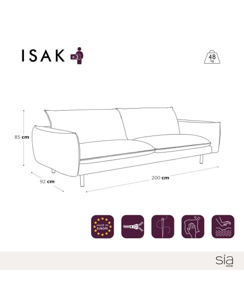 Isak 3-zitsbank antracietgrijs gelusde stof - 170x92x85 cm