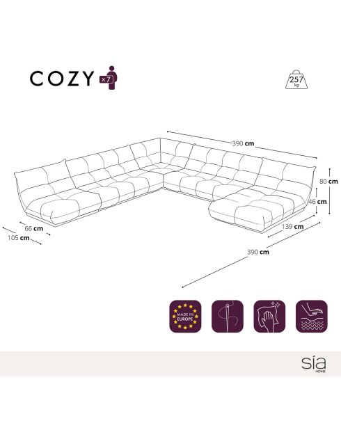 Canapé panoramique modulable XXL Cozy Tissu bouclette crème - 390x390x80 cm