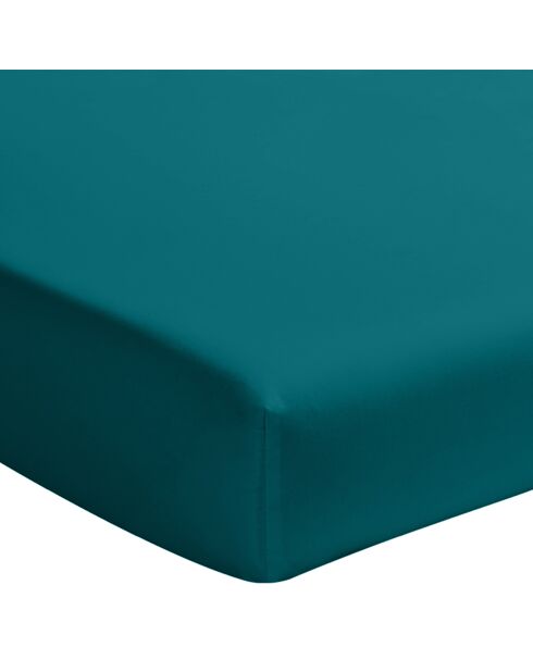 Drap housse en percale de coton lavé bonnet 30 cm bleu canard