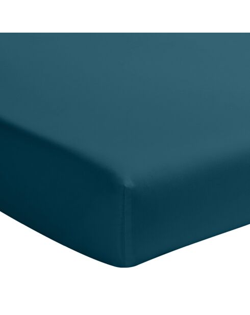 Drap housse en percale de coton lavé bonnet 30 cm bleu imperial