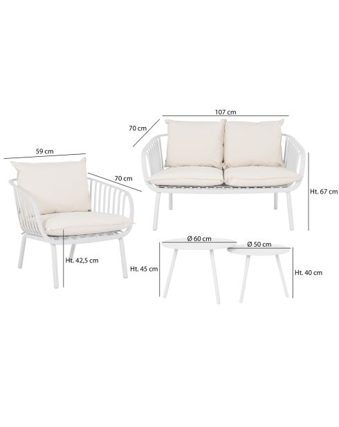 Salon de jardin polypropylène et coussins palma blanc