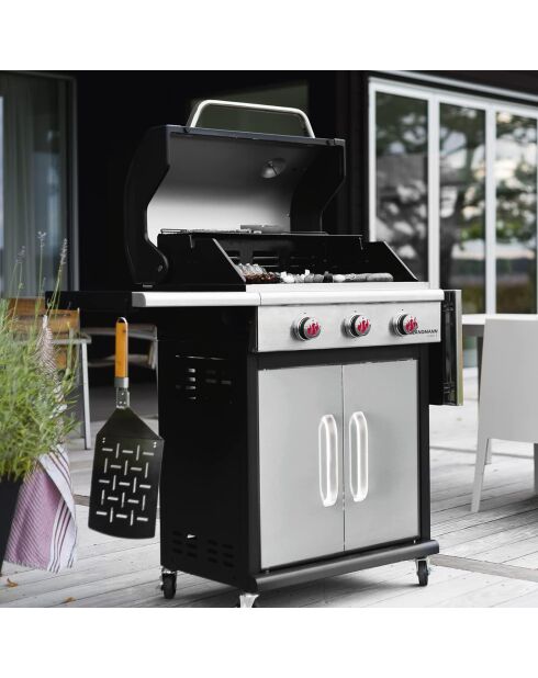 Barbecue à gaz avec 3 brûleurs noir - 121.5x140x57 cm
