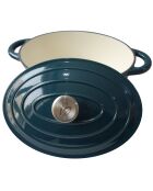 Cocotte ovale avec couvercle en fonte émaillée induction bleu vert - 37x24x12.5 cm